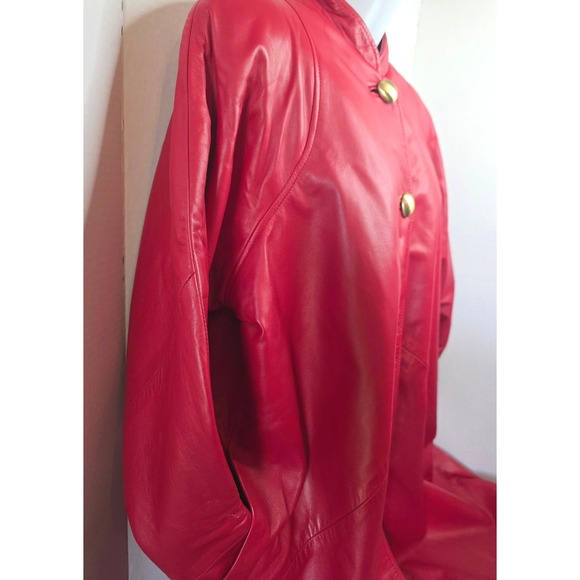 VTG Siena New York Red Leather Swing Coat Mandarin Collar 2 Gold Buttons Small - Picture 3 of 12